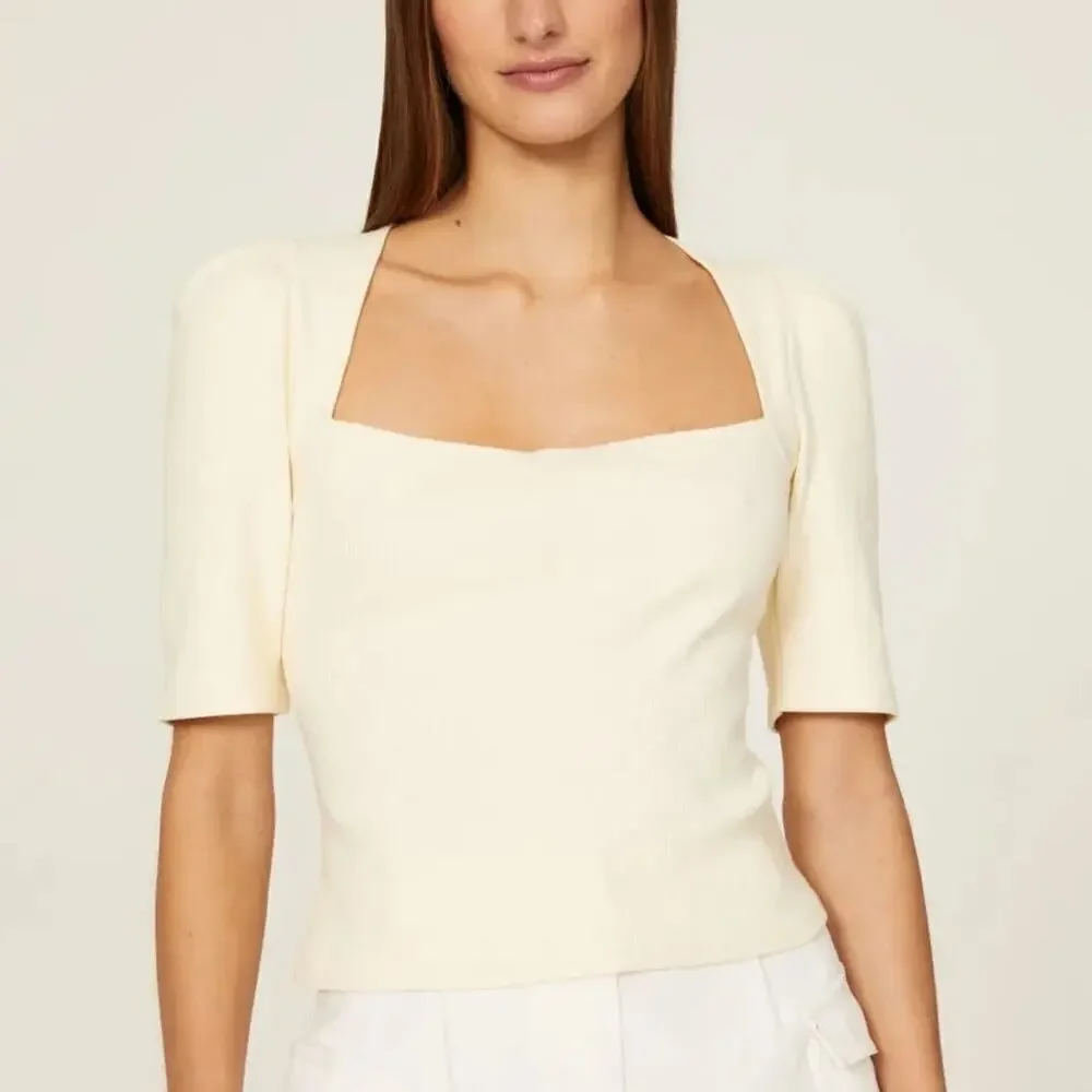 10 Crosby Derek Lam Top Puff Sleeve Square Neck Cropped Rib Knit Yellow Medium